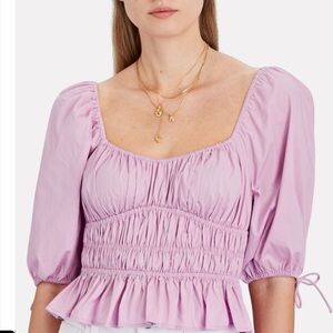 Staud Faye Lilac Purple Cotton Poplin Smocked Short Sleeve Top Size 0